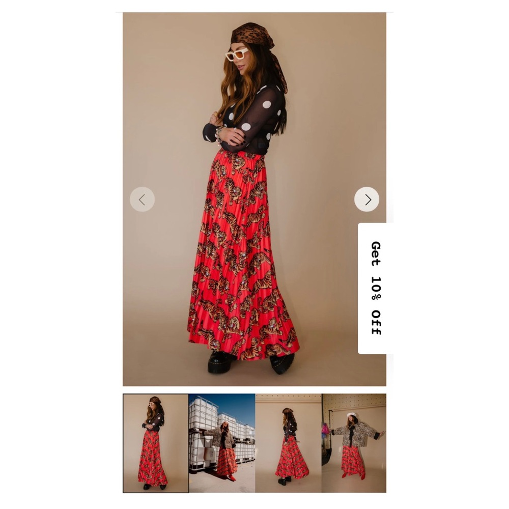 NWOT! Dressed in LALA Don't Let Them Tame You Pleated Midi Skirt, Tiger, Red, L - Picture 6 of 9